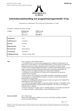 Objektorienterad design, programmering och algoritmer 15 hp