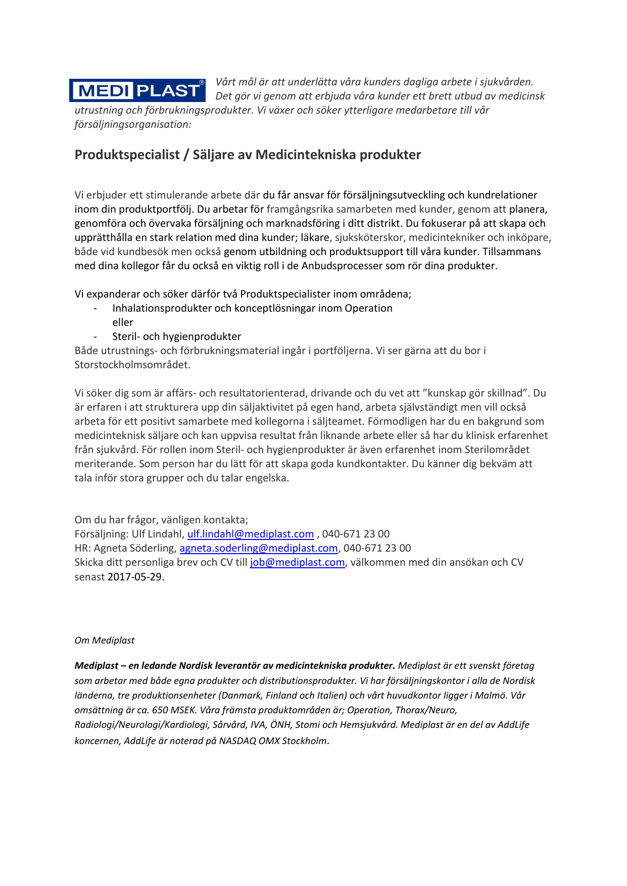 Produktspecialist Saljare Av Medicintekniska Produkter