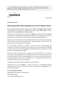 Oasmia genomför riktad nyemission om cirka 72 miljoner kronor